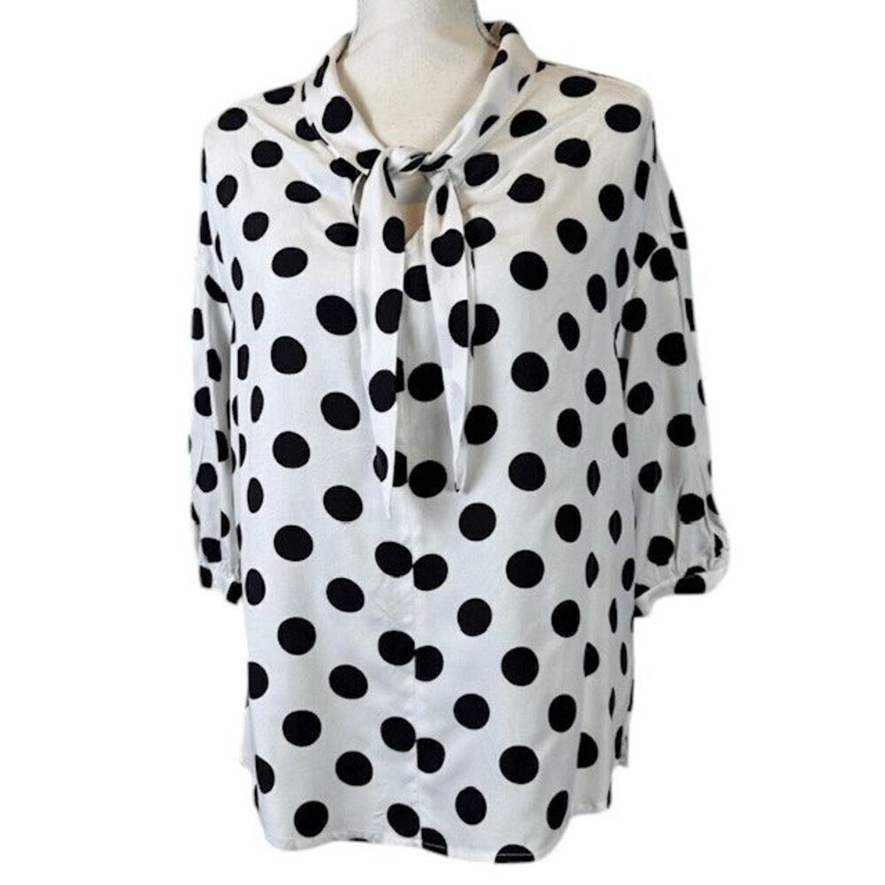 La Babite Tie Sailor Neck Blouse White with Black Polka Dot Pintuck Sleeve Large